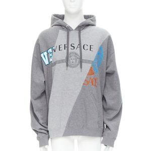 VERSACE Compilation deconstructed mixed logo cotton hoodie grey melange XS